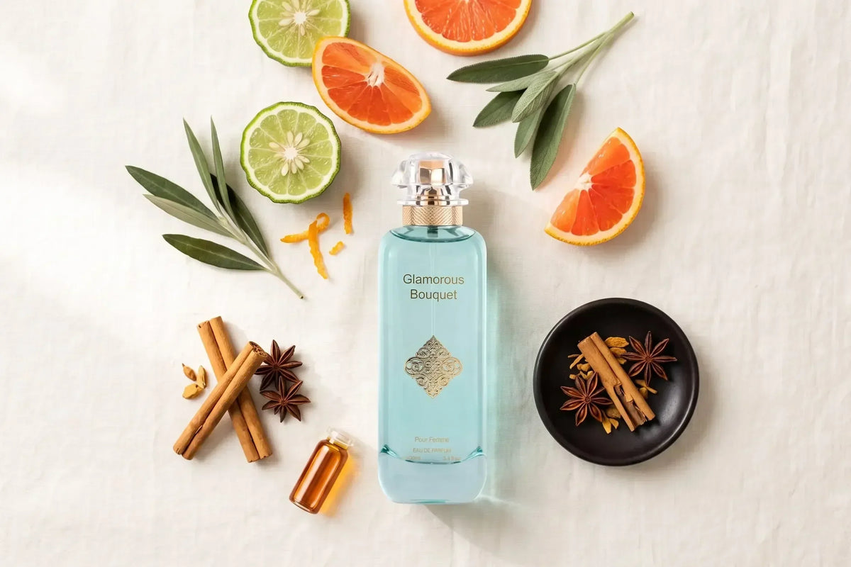 Flat-lay of raw perfume ingredients — citrus, sage, spices, and amber oil — arranged around a MUSHMUSH perfume bottle, Glamorous Bouquet, to illustrate top, heart, and base fragrance notes.
