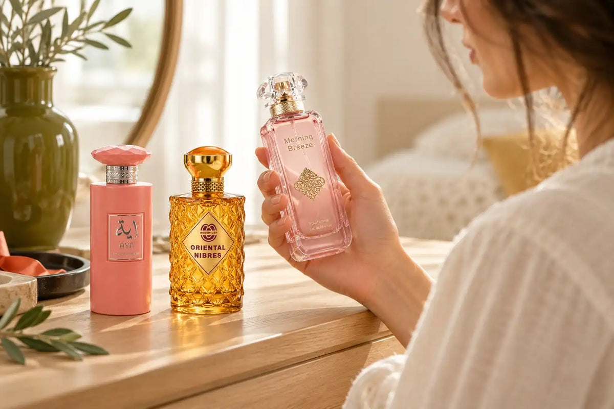 A woman choosing a perfume bottle between morning breeze, oriental nibres and aya while holding in her hand morning breeze mushmush.  she is sitting at a table, a vase is on the table with a mirror. The room is full of light.