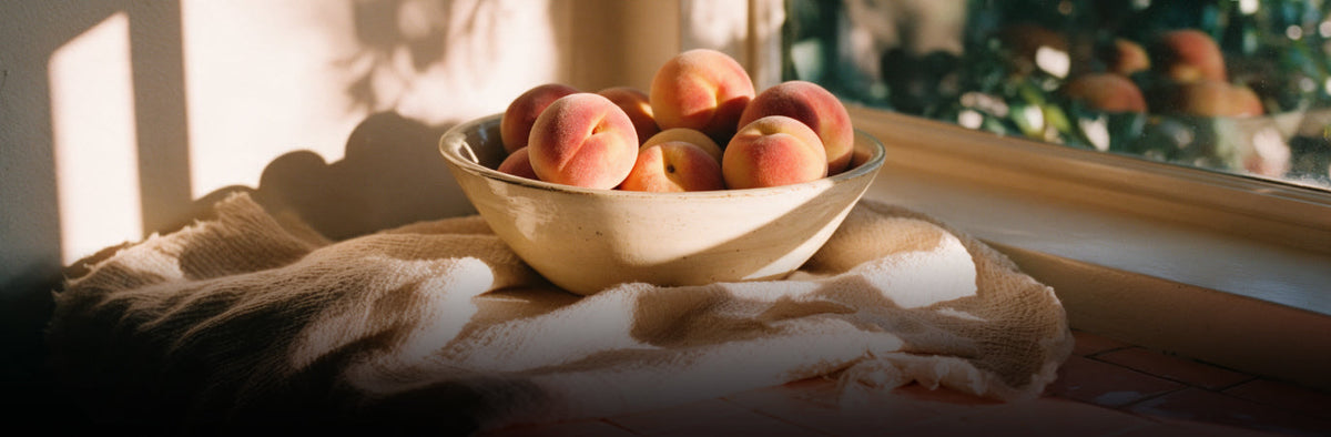 Fruity menu photo of a bowl of peaches on linen beside a sunlit window