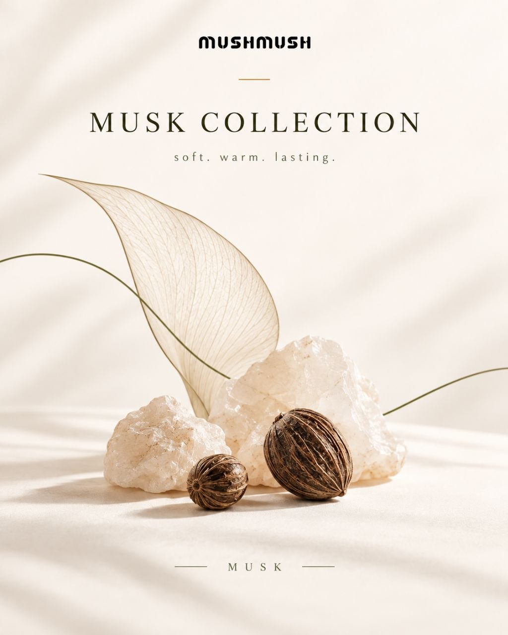 MUSHMUSH Kawthar Eau de Parfum, premium Musk Collection fragrance in a warm amber-orange bottle with silver textured cap and elegant luxury styling.