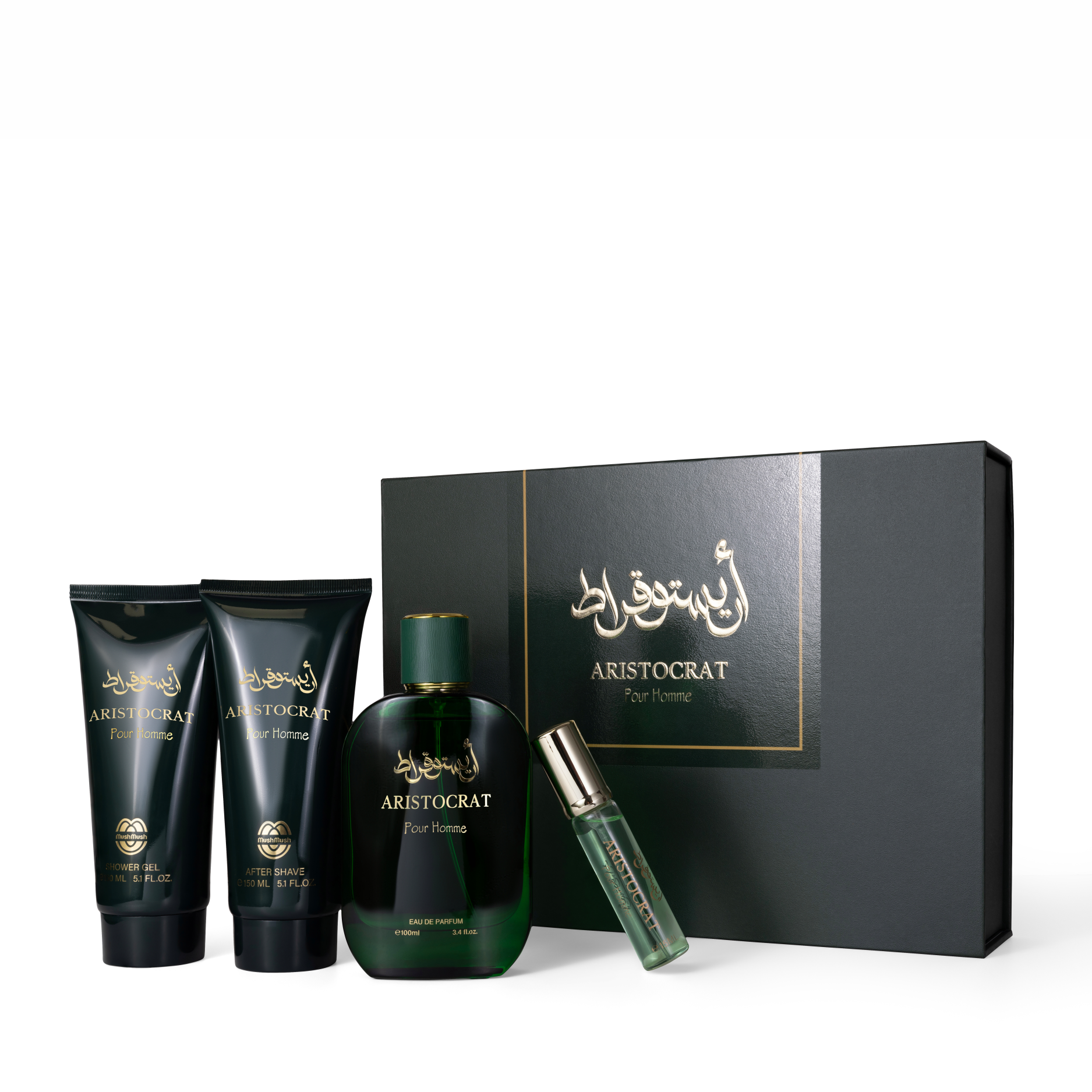 Aristocrat Pour Homme 4-piece grooming set by MushMush, featuring a deep green glass Eau de Parfum bottle, matching shower gel and aftershave tubes, and a mini travel spray, standing in front of an elegant dark green gift box with gold Arabic calligraphy.