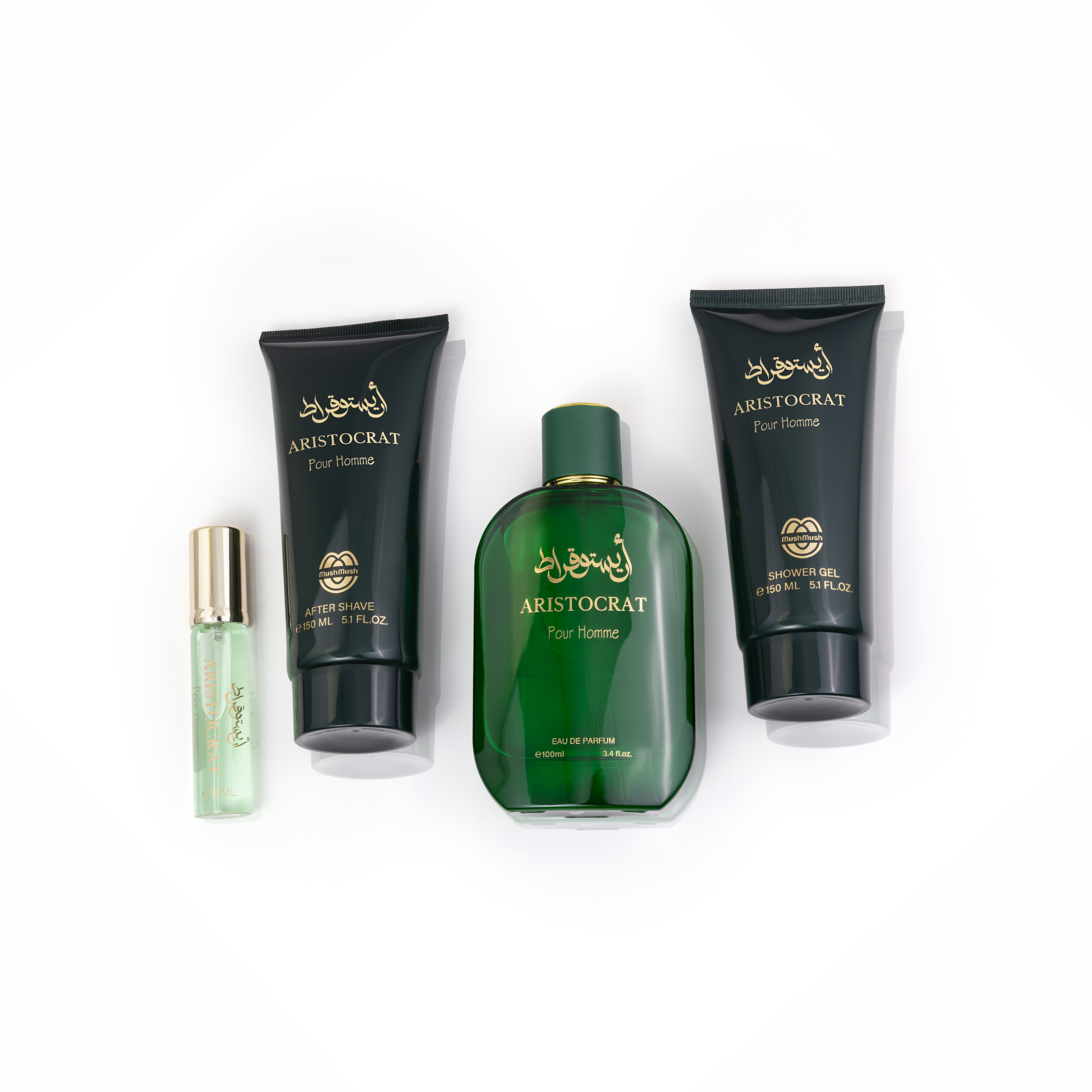 Aristocrat Pour Homme 4-piece men's fragrance gift set laid flat on a white background, featuring a deep green Eau de Parfum bottle, matching dark green shower gel and aftershave tubes with gold Arabic typography, and a travel spray with a gold cap.