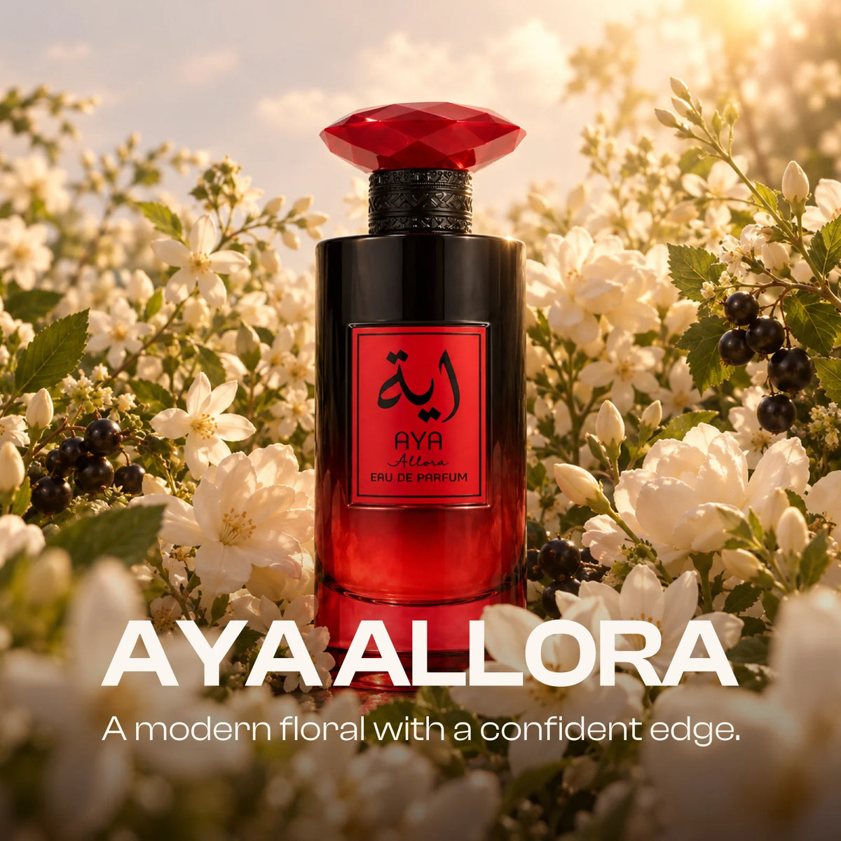 Aya Allora for women perfume bottle shown in a lifestyle setting