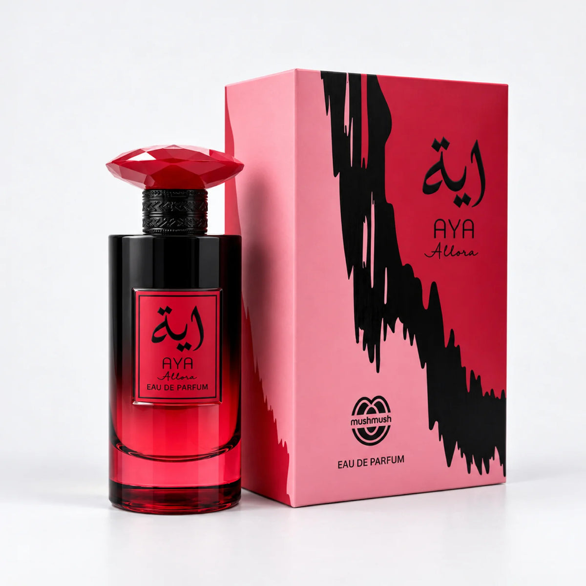 AYA Allora perfume bottle beside its matching packaging box by MUSHMUSH