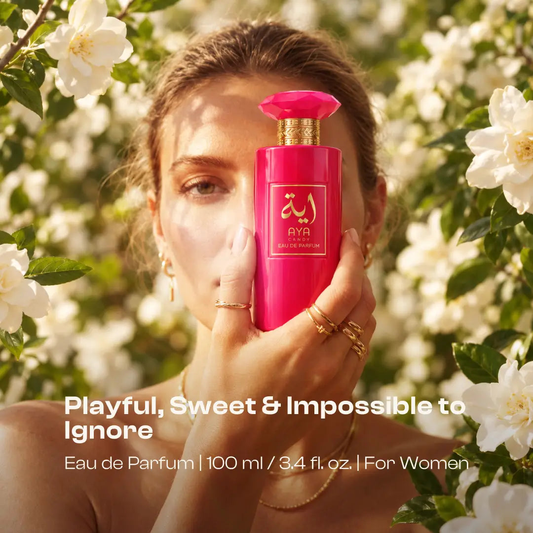 AYA CANDY perfume bottle presented with visible decorative elements in a styled scene