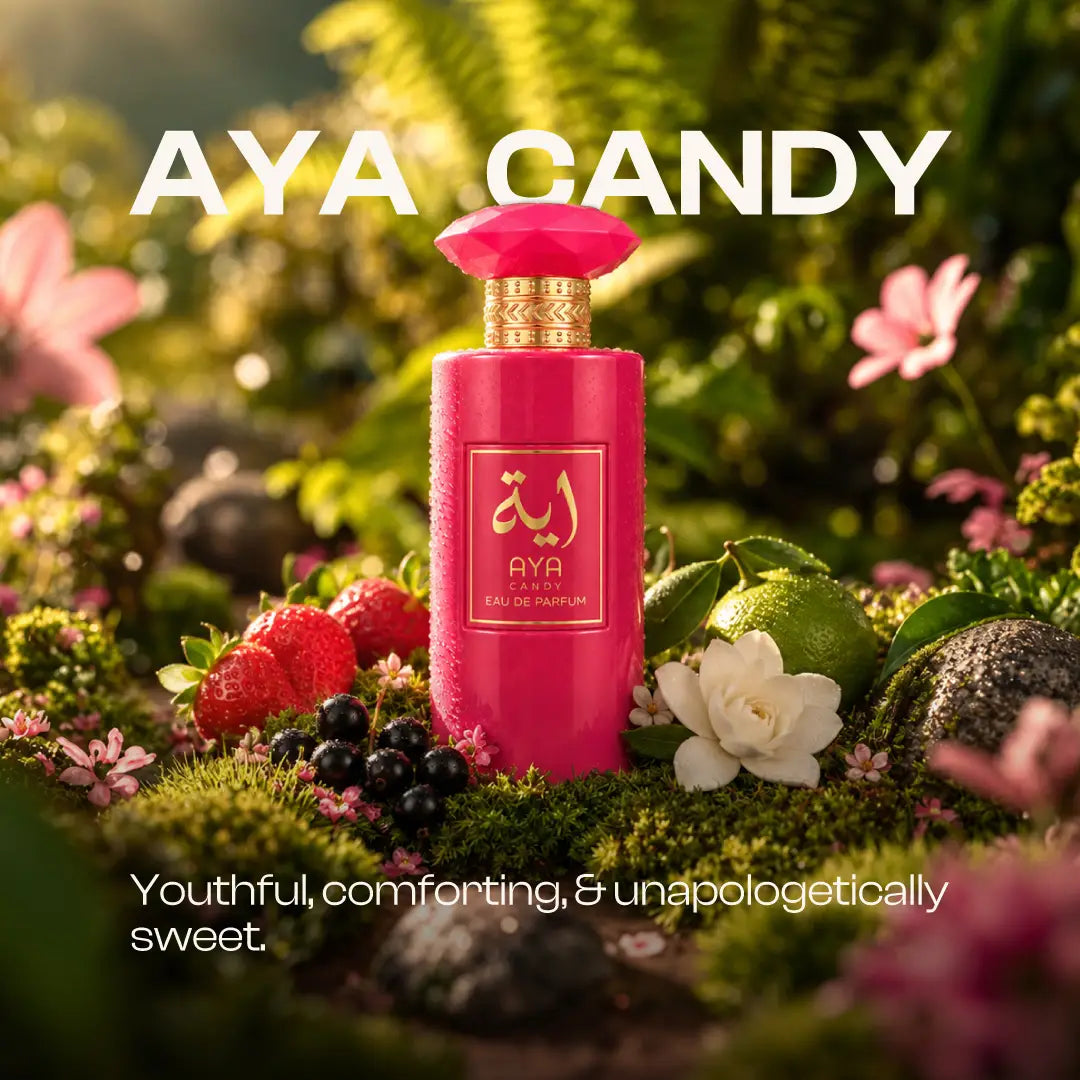 AYA CANDY for women perfume bottle shown in a lifestyle setting