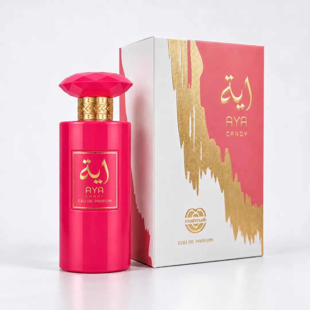 AYA CANDY perfume bottle beside its matching packaging box by MUSHMUSH