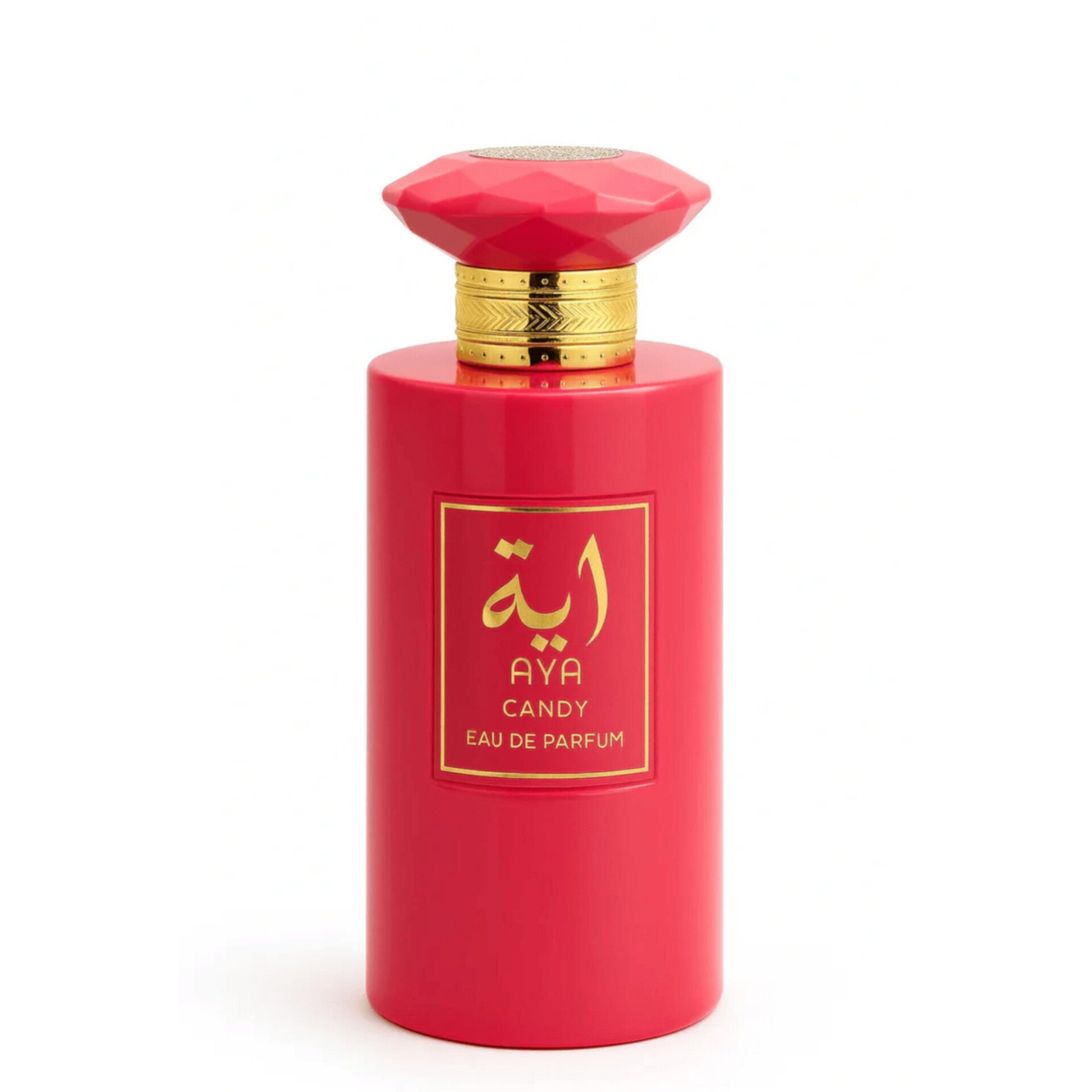 AYA CANDY Eau de Parfum in a vibrant coral-red bottle with a faceted jewel cap and gold calligraphy label.