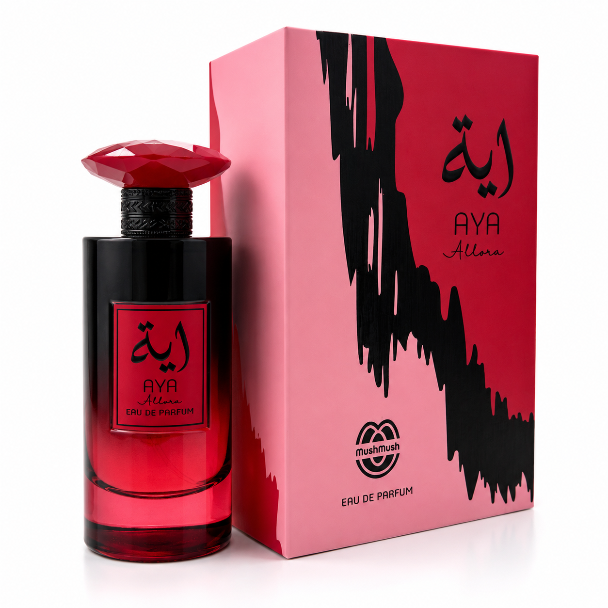AYA Allora Eau de Parfum black and crimson red gradient glass bottle with a faceted red gem-shaped cap, standing beside its matching pink, red, and black presentation box with paint-drip graphic artwork.