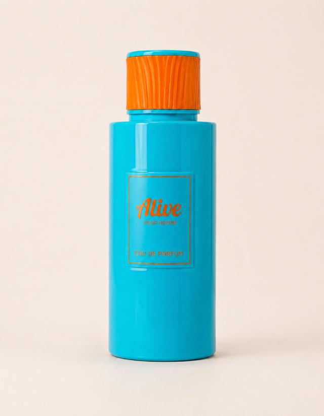 MUSHMUSH Alive Pour Homme Eau de Parfum, affordable luxury men’s perfume with turquoise bottle, vibrant orange cap and modern appeal.