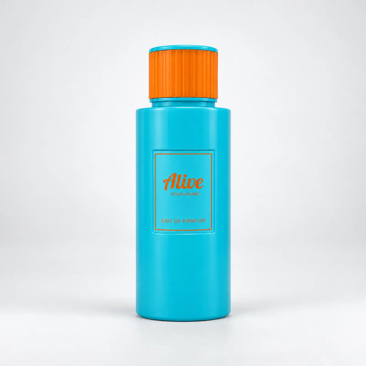 MUSHMUSH Alive Eau de Parfum bottle for men, with a turquoise body and bright orange cap on a clean background.