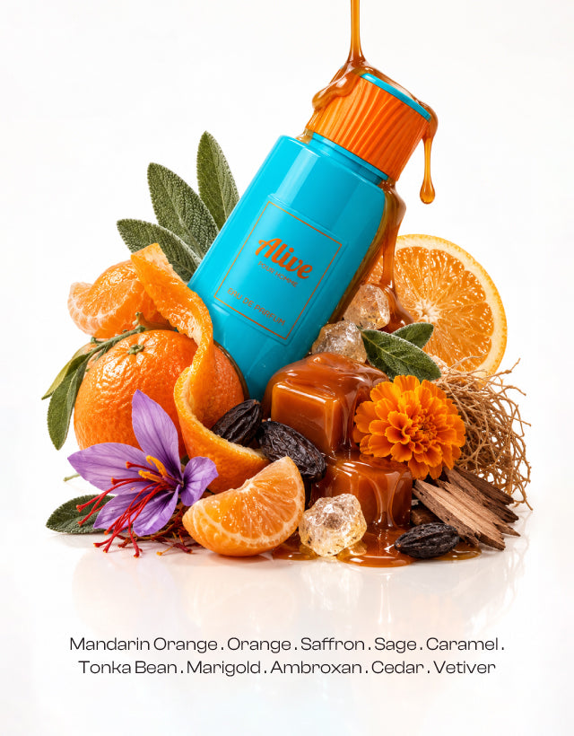 MUSHMUSH Alive Pour Homme Eau de Parfum, premium men’s fragrance in a turquoise bottle with vibrant orange cap, an affordable luxury scent.