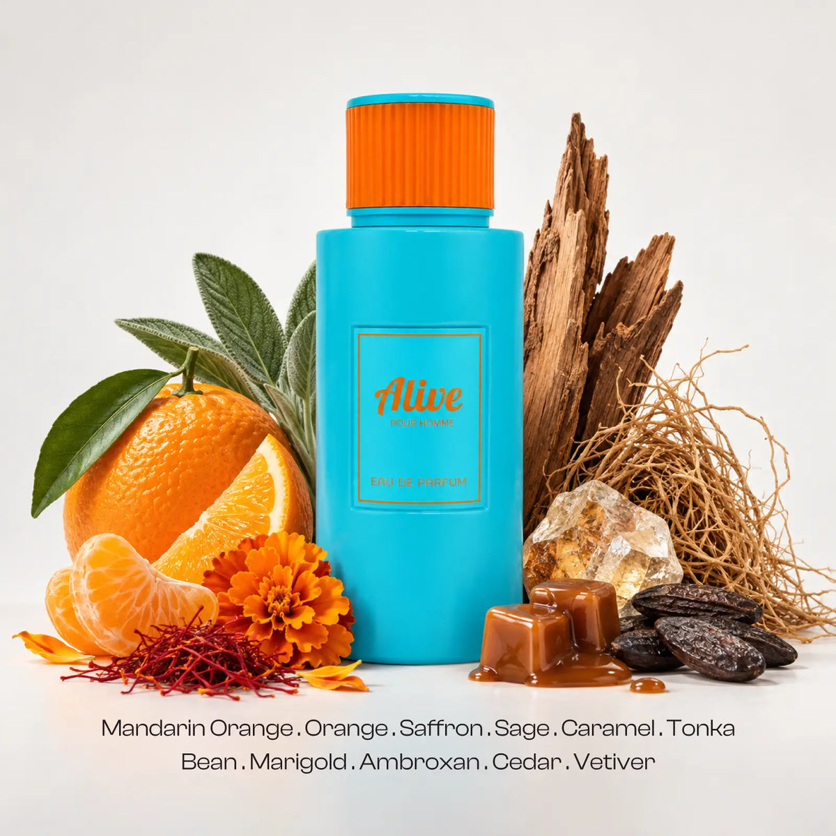 Alive perfume for men styled with mandarin orange, citrus fruits and aromatic woods.