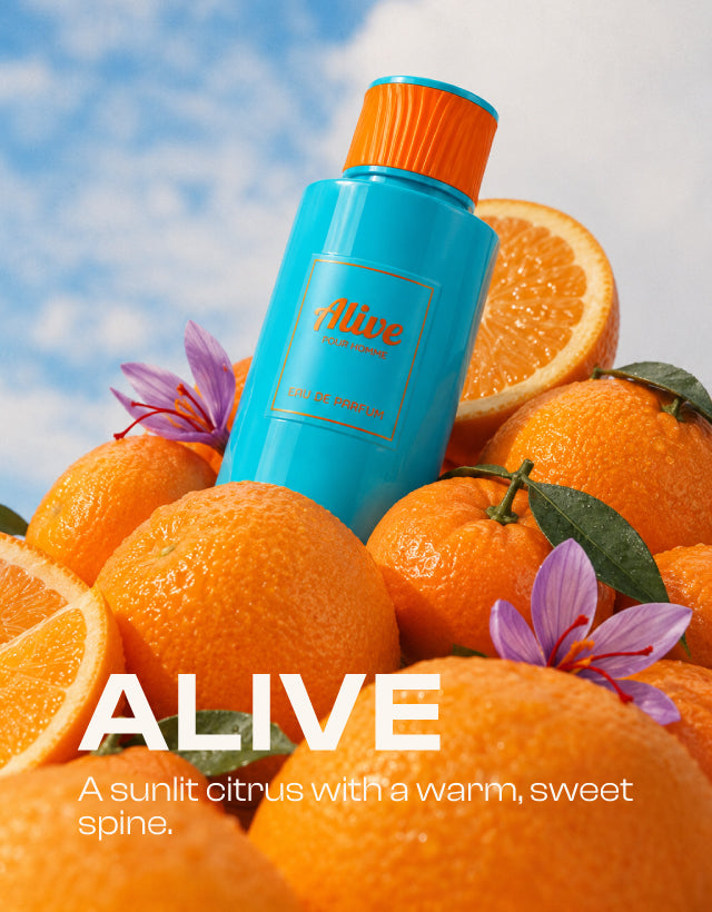 MUSHMUSH Alive Pour Homme EDP, citrus men’s fragrance with orange, “A sunlit citrus with a warm, sweet spine.”