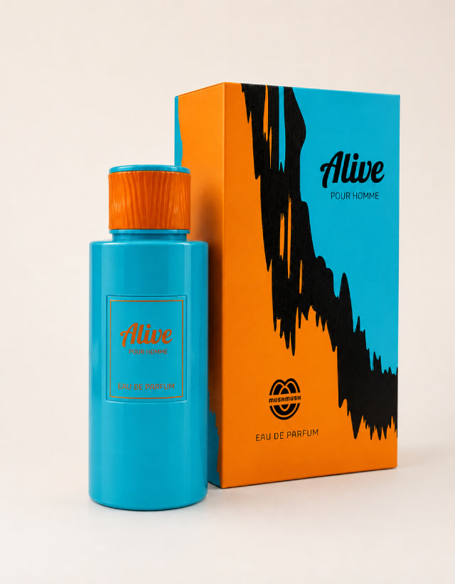 MUSHMUSH Alive Pour Homme Eau de Parfum 100ml, affordable luxury men’s fragrance with turquoise bottle and bold orange-black packaging.