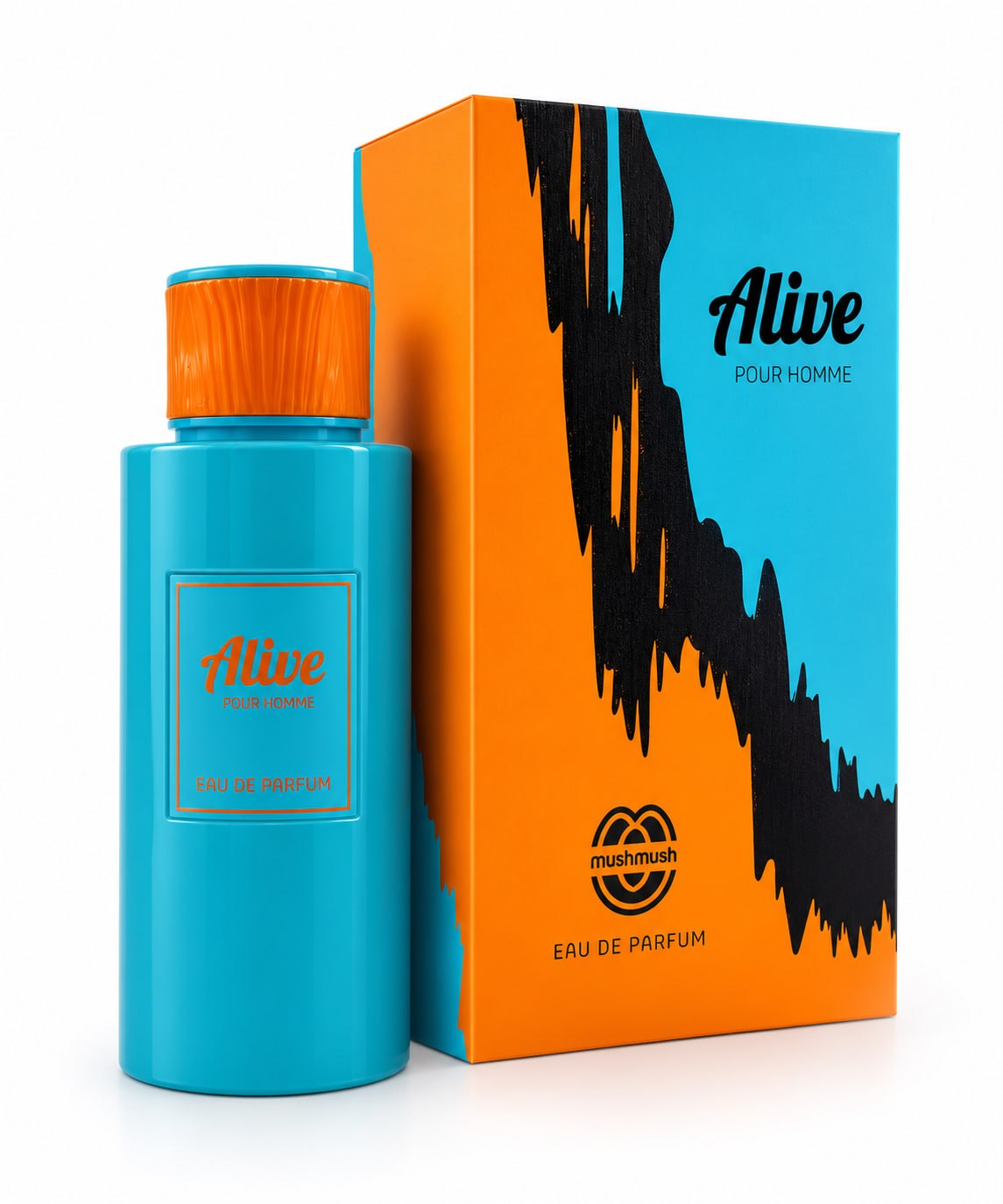 Alive Pour Homme Eau de Parfum turquoise blue bottle with a textured orange cap, standing next to its vibrant orange and turquoise presentation box with black paint-drip graphic artwork.