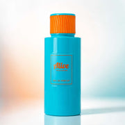 Alive Pour Homme Eau de Parfum cylindrical bright turquoise blue bottle topped with a grooved bright orange cylindrical cap and featuring a central orange-bordered front label.