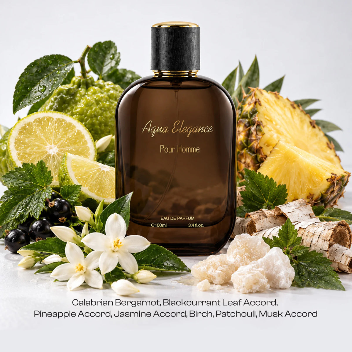 Aqua Elegance for men Pour Homme perfume bottle surrounded by visible bergamot, pineapple, jasmine and birch