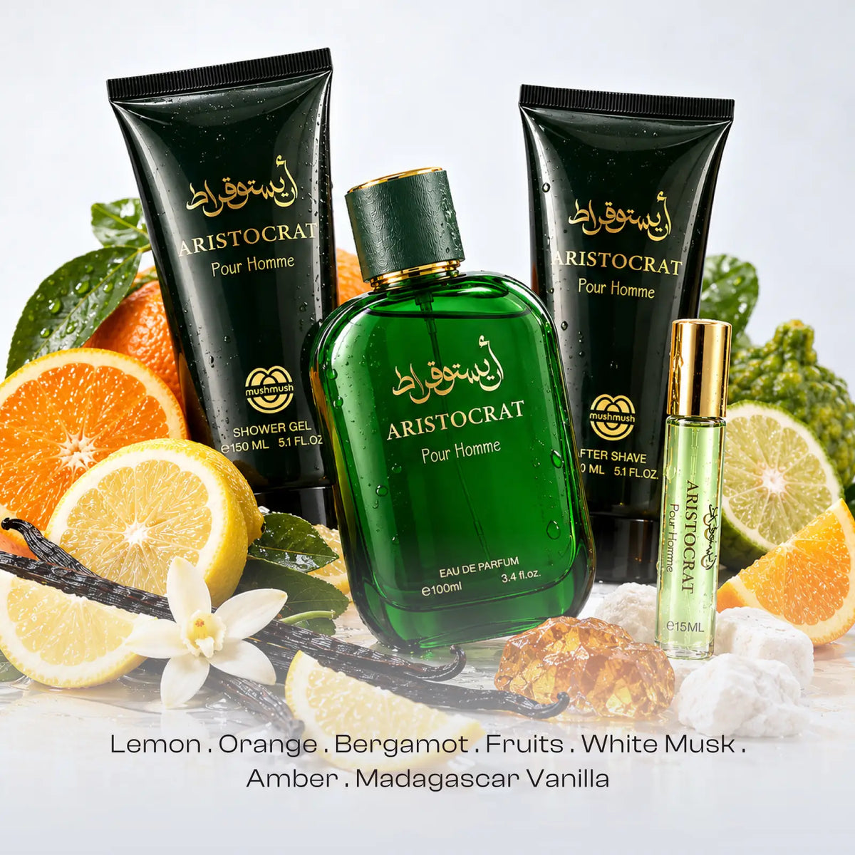 Aristocrat 4 Pieces Set for men. Aristocrat four-piece fragrance set arranged on a white background with a green perfume bottle and matching grooming products