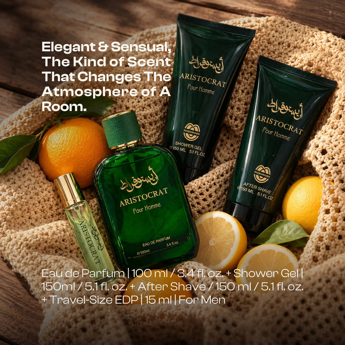 Aristocrat four-piece set displayed with its dark green packaging box and gold lettering