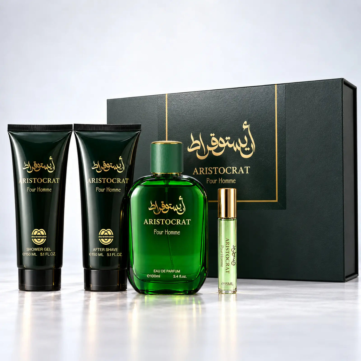 Aristocrat perfume bottle beside its gift set packaging by MUSHMUSH