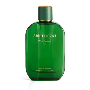 ARISTOCRAT Pour Homme Eau de Parfum rounded emerald green glass bottle topped with a matching textured green cylindrical cap with gold base trim, featuring gold printed typography.