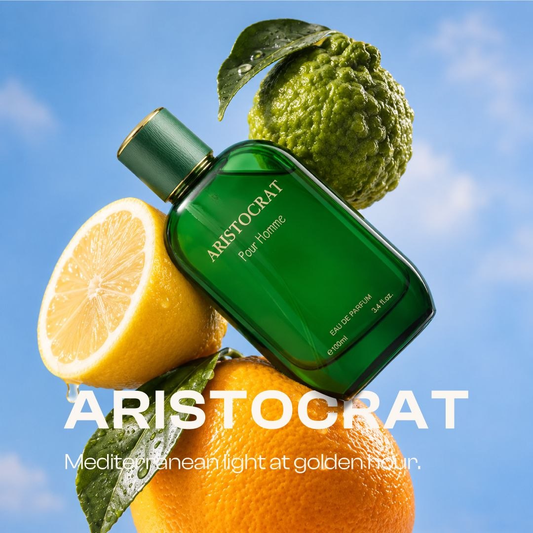 MUSHMUSH Aristocrat Pour Homme Eau de Parfum 100ml, vibrant citrus men’s fragrance with lemon and bergamot, “Mediterranean light at golden hour.”