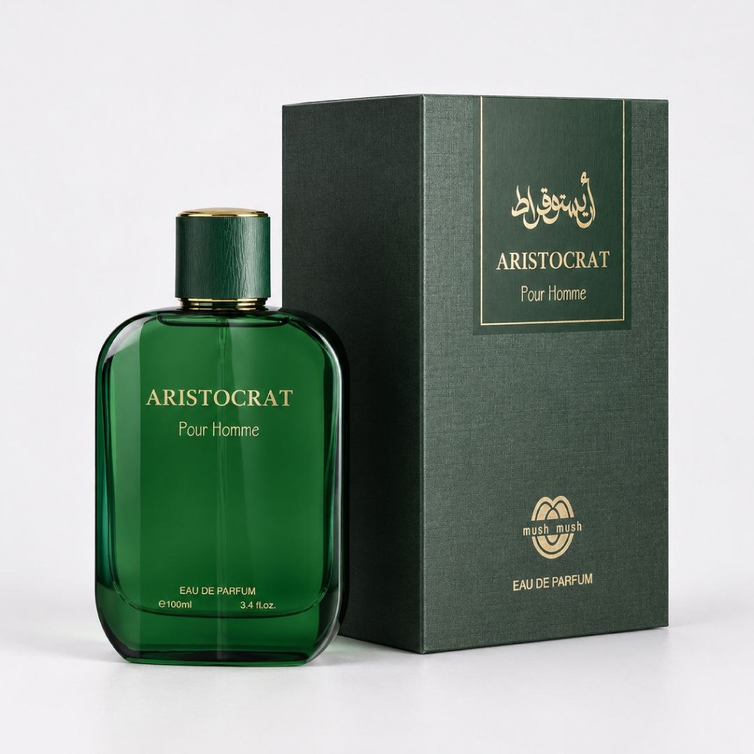 MUSHMUSH Aristocrat Pour Homme Eau de Parfum 100ml, premium men’s fragrance in an emerald green bottle with elegant gold detailing and matching luxury packaging.