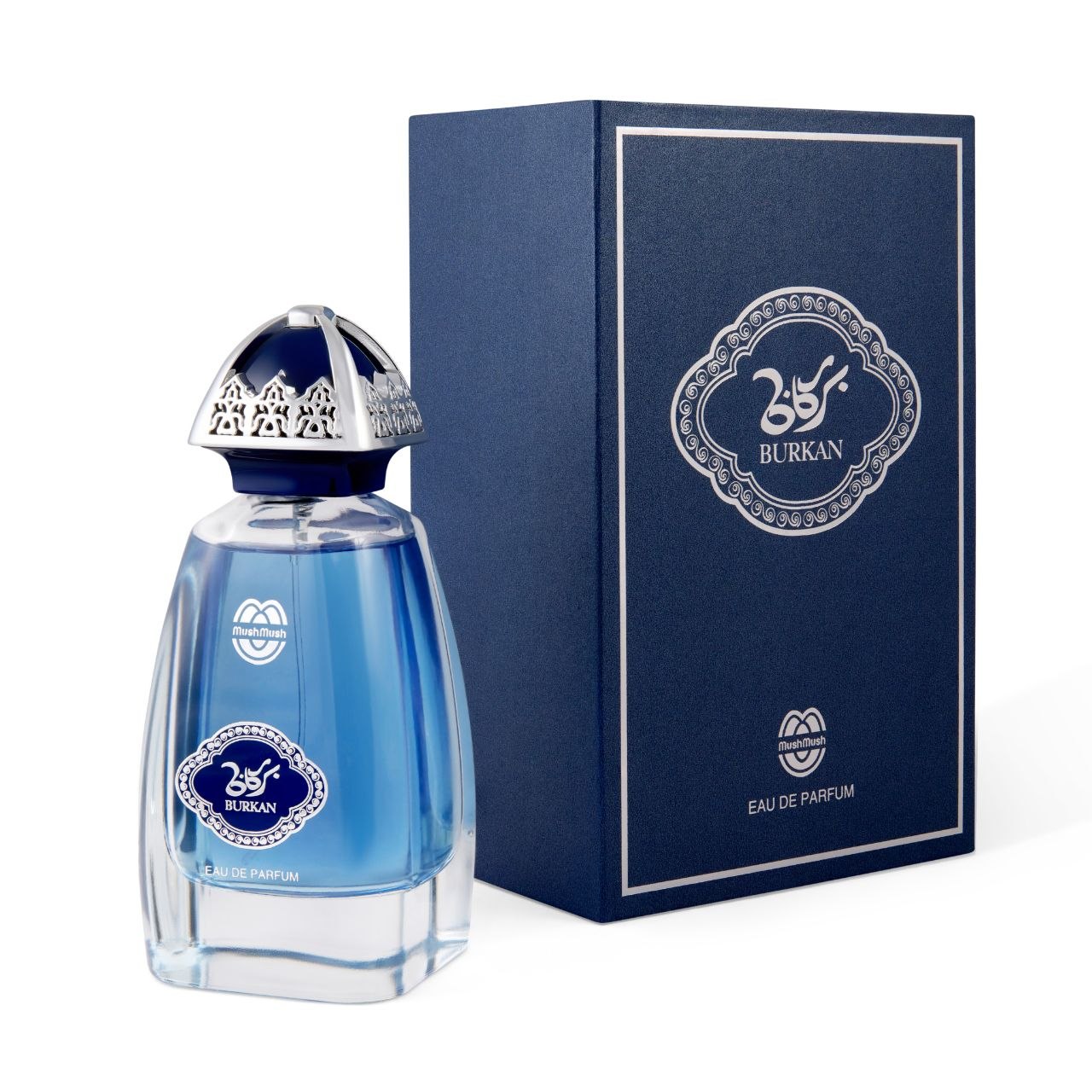BURKAN Eau de Parfum clear glass bottle with sky blue fragrance liquid and silver-accented dark blue cap, standing beside its matching textured deep navy blue presentation box framed in silver trim.