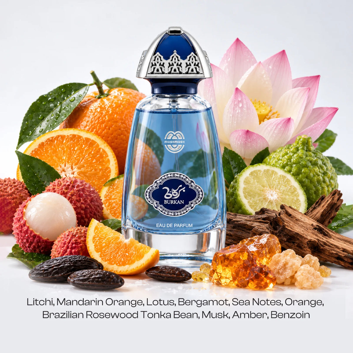 Burkan for men perfume bottle surrounded by visible lychee, orange, lotus and amber
