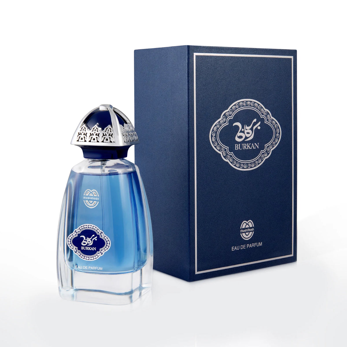 Burkan perfume bottle beside its navy blue packaging box by MUSHMUSH