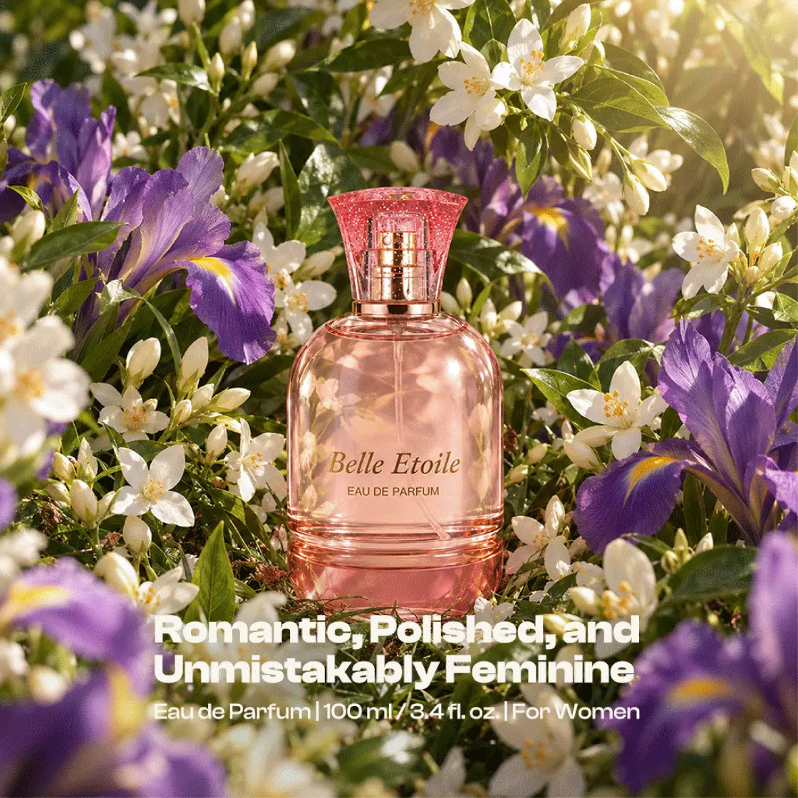 Belle Etoile perfume bottle presented with visible decorative elements in a styled scene
