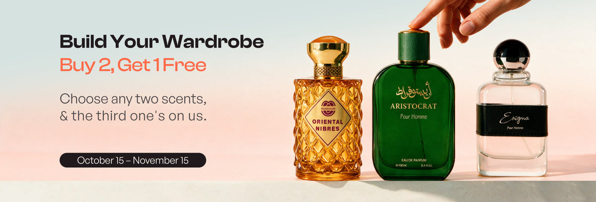 Homepage banner with Oriental Nibres, Aristocrat Pour Homme and Enigma for Buy 2, Get 1 Free