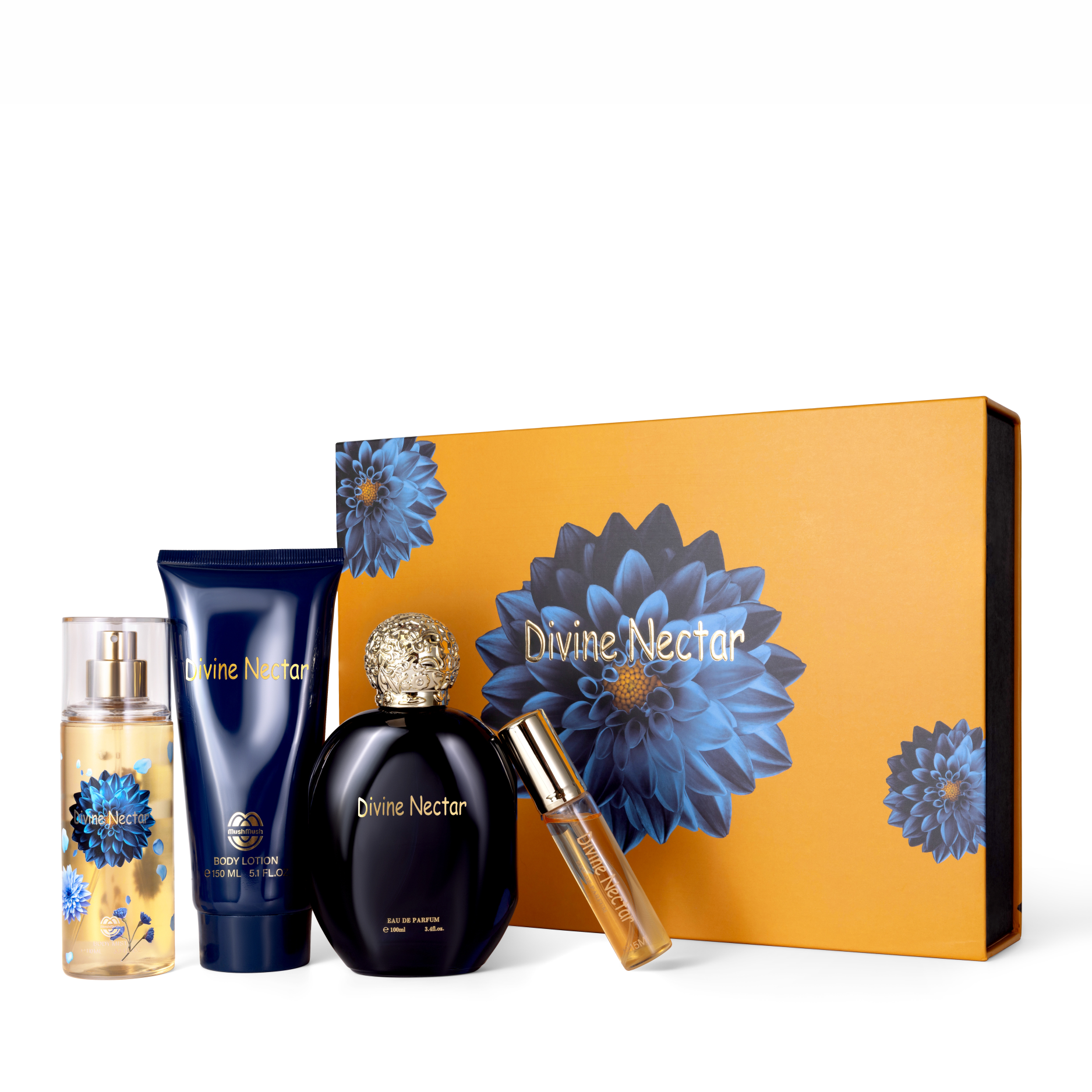 Divine Nectar 4-piece fragrance gift set by MushMush, including a floral body mist spray, dark blue body lotion tube, rounded black perfume bottle with an ornate gold cap, and travel atomizer beside a yellow gift box decorated with blue floral illustrations.