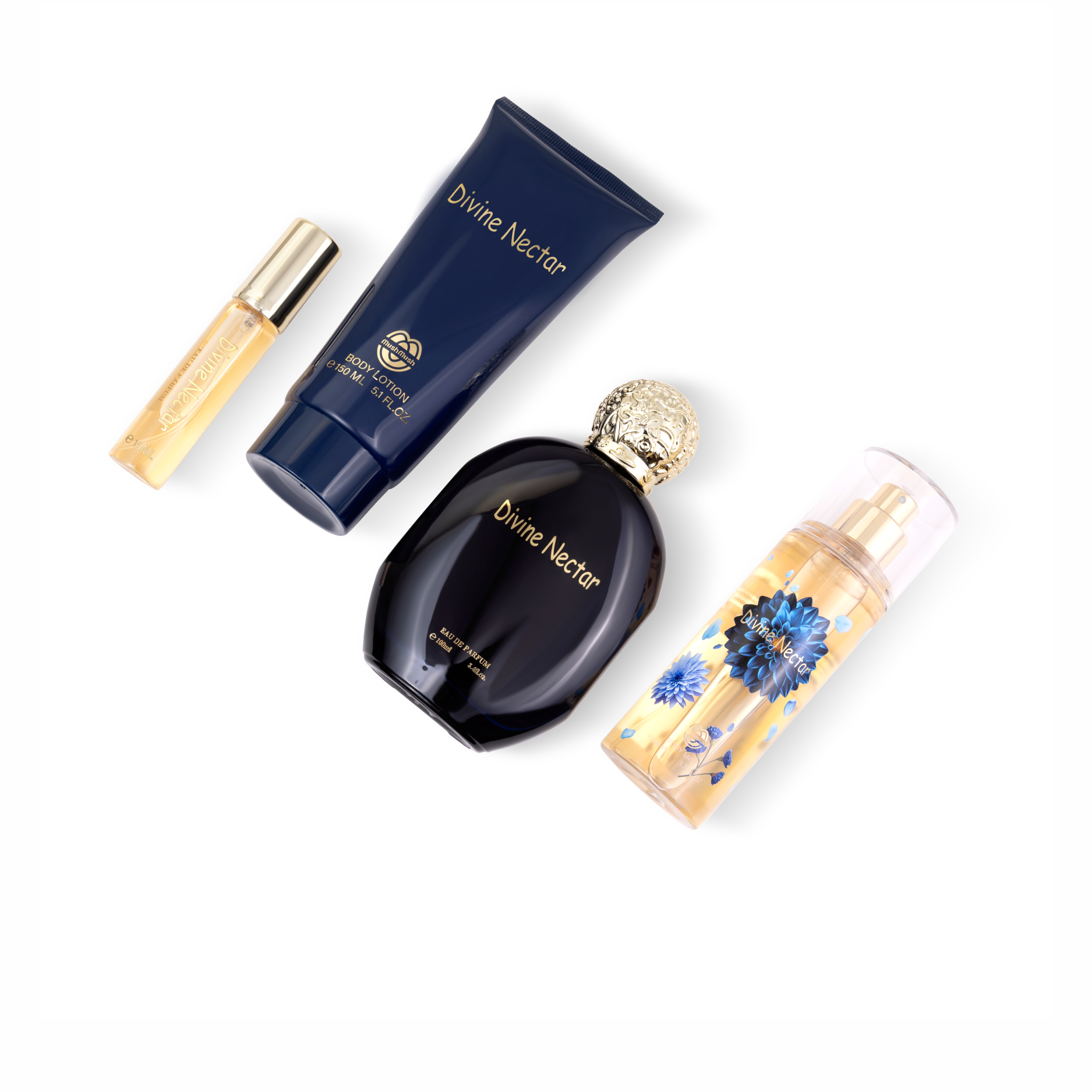 Glamorous Bouquet Pour Femme 4-piece fragrance gift set laid out on a white background, including an Eau de Parfum glass bottle, matching body lotion tube, tropical body mist spray, and a mini travel atomizer.
