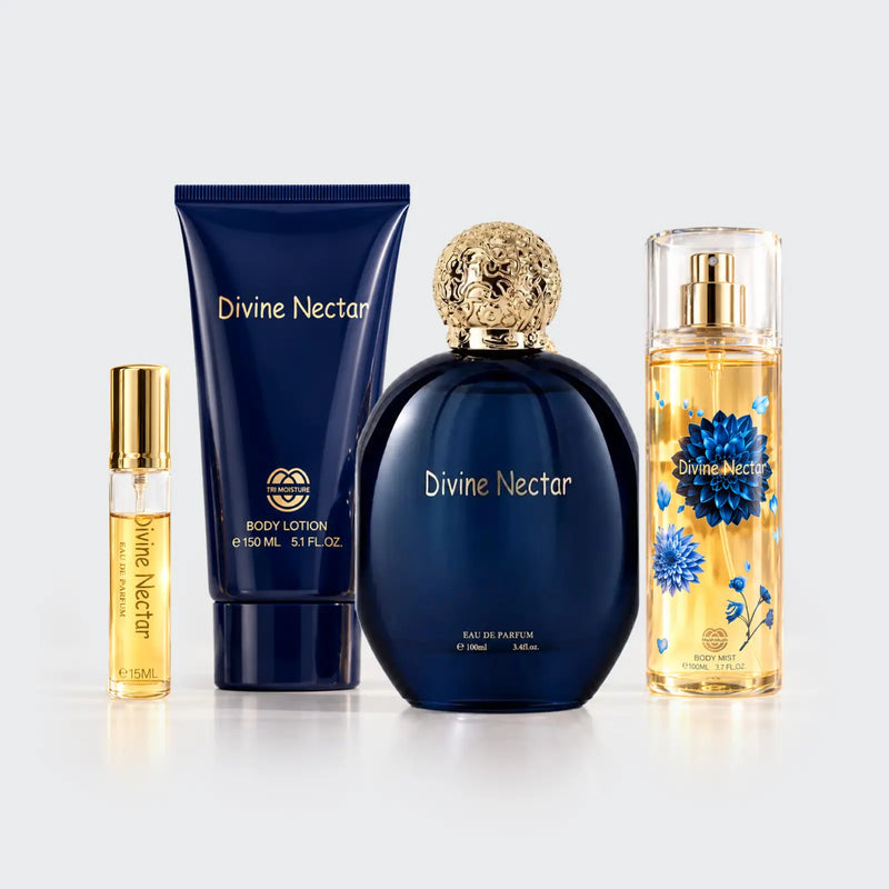 Divine Nectar four-piece perfume gift set by MUSHMUSH, featuring a navy perfume bottle, body mist, body lotion and travel spray.