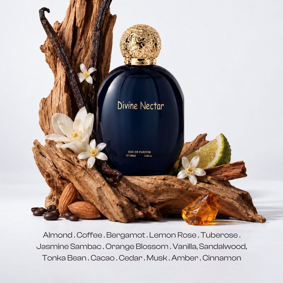MUSHMUSH Divine Nectar Eau de Parfum 100ml, luxury gourmand fragrance with almond, coffee, vanilla, sandalwood, amber and ornate navy-gold bottle.