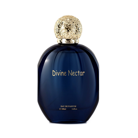 Divine Nectar Eau de Parfum rounded deep royal blue glass bottle topped with an ornate spherical gold cap featuring intricate filigree, printed with gold typography.