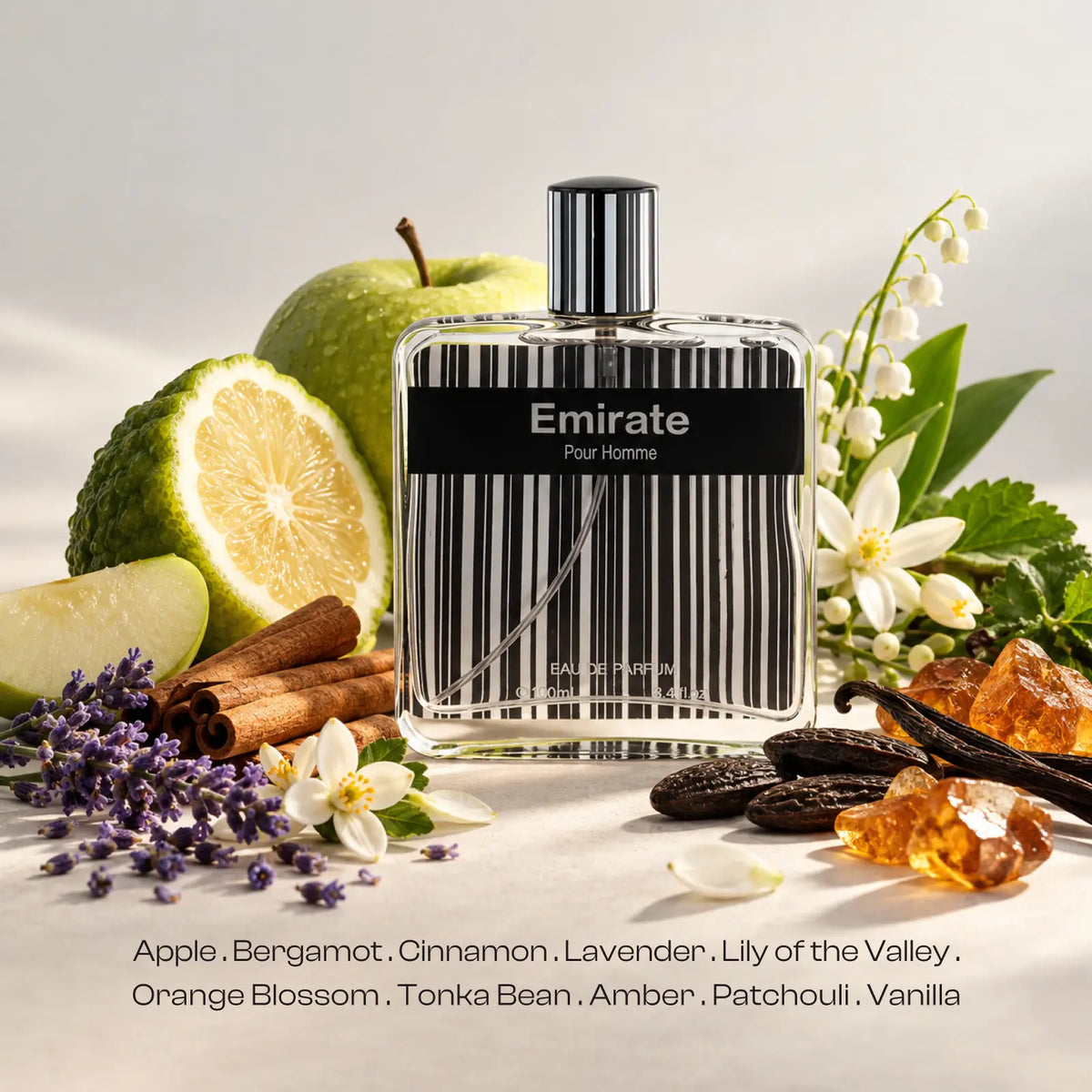 Emirate perfume bottle for men surrounded by apple, bergamot, lavender and vanilla.