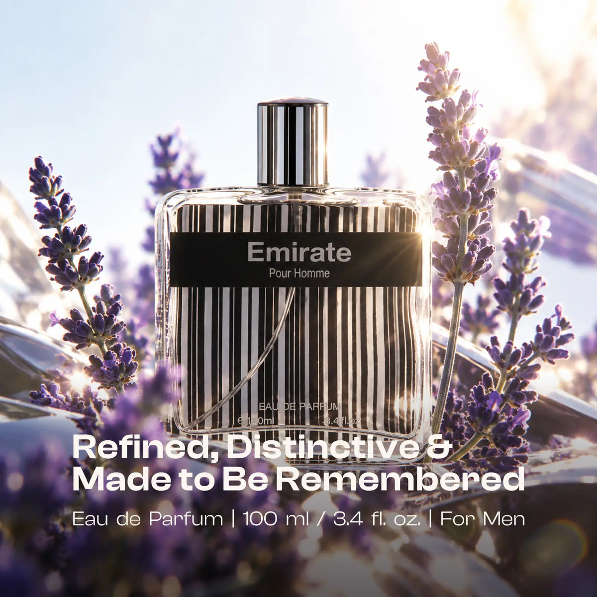 Emirate perfume for men shown among lavender with refined fragrance text.