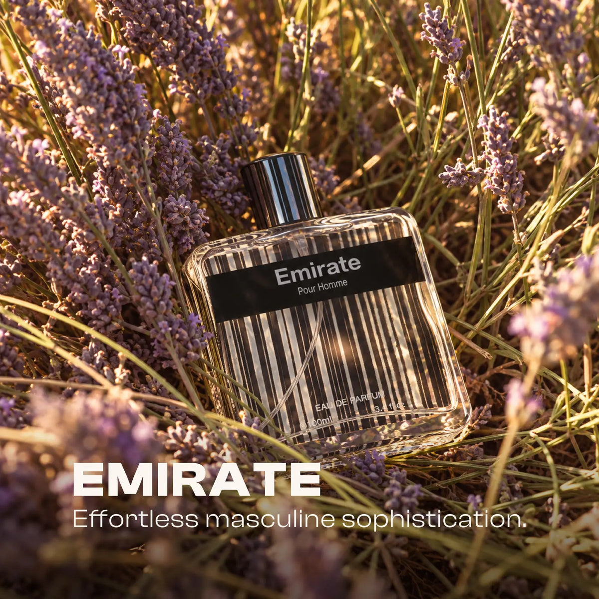 Emirate perfume bottle for men placed among blooming lavender.