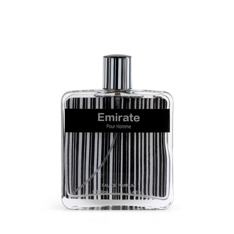 Emirate Pour Homme Eau de Parfum clear rectangular glass bottle with a bold black-and-white vertical stripe pattern, featuring a solid black horizontal label band and a striped cylindrical cap.