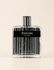MUSHMUSH Emirate Pour Homme Eau de Parfum 100ml, sophisticated men’s fragrance with clear glass bottle, black striped design and sleek cap.