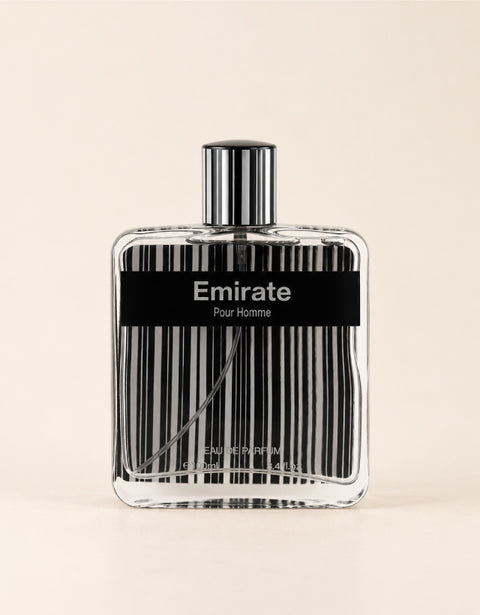 MUSHMUSH Emirate Pour Homme Eau de Parfum 100ml, sophisticated men’s fragrance with clear glass bottle, black striped design and sleek cap.