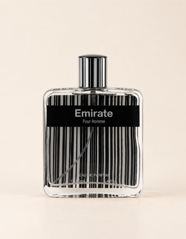 MUSHMUSH Emirate Pour Homme Eau de Parfum 100ml, sophisticated men’s fragrance with clear glass bottle, black striped design and sleek cap.