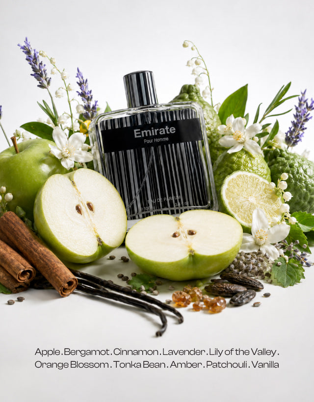 MUSHMUSH Emirate Pour Homme Eau de Parfum, premium men’s fragrance with apple, bergamot, cinnamon, lavender, tonka bean, amber, patchouli and vanilla.