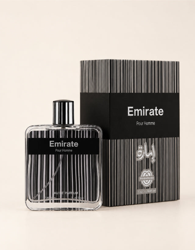 MUSHMUSH Emirate Pour Homme Eau de Parfum 100ml, luxury men’s fragrance with sleek black-striped bottle and matching premium packaging.
