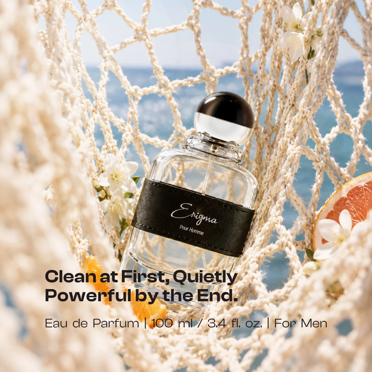 Enigma perfume bottle presented with visible fragrance-themed elements in a styled scene