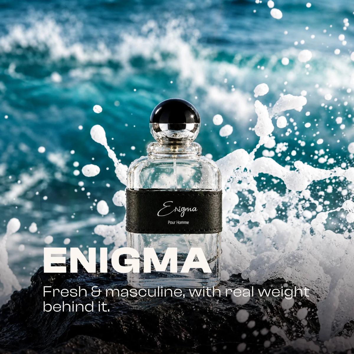 Enigma for men perfume bottle shown in a lifestyle setting
