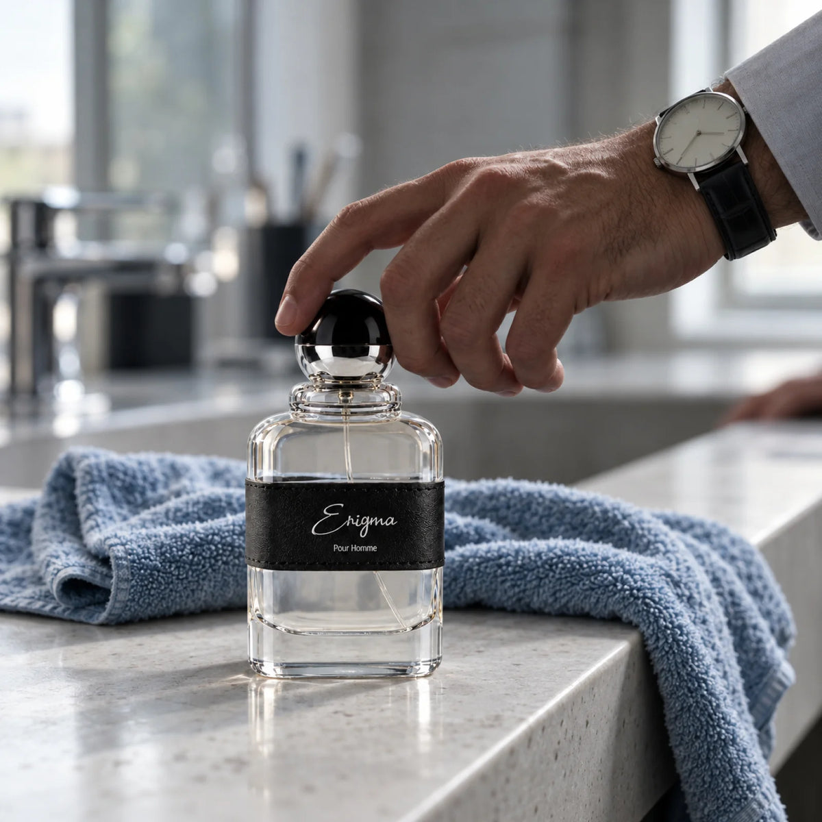 Enigma for men perfume being sprayed onto a wrist